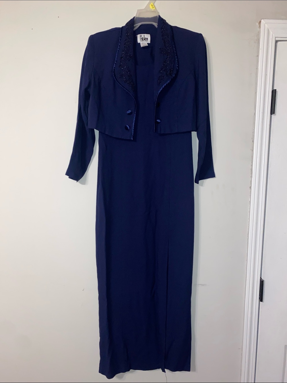 Classic Navy Sleeveless Maxi Dress with Beaded Jacket